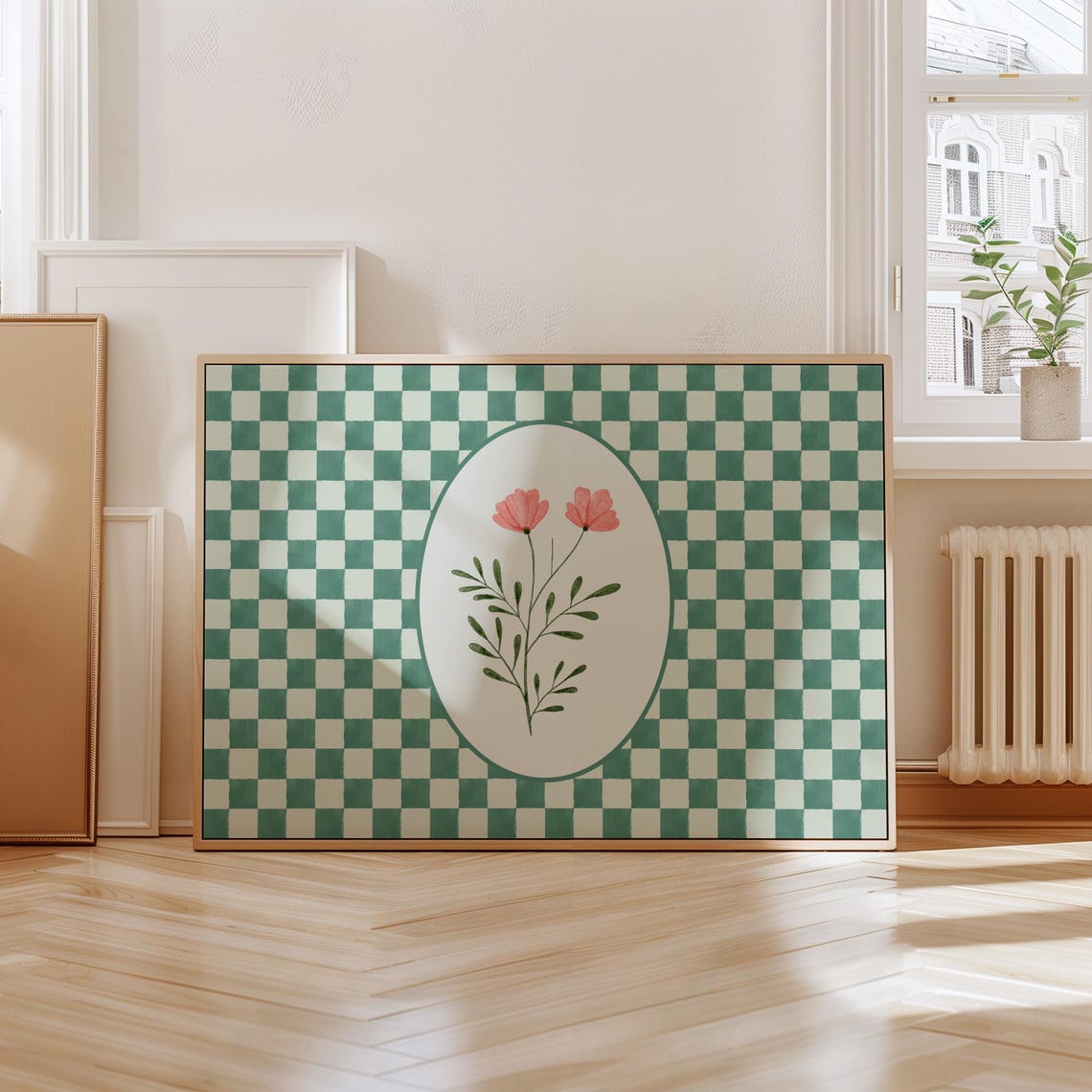 Retro Green Checkerboard Botanical Floral Print Trendy Home Decor
