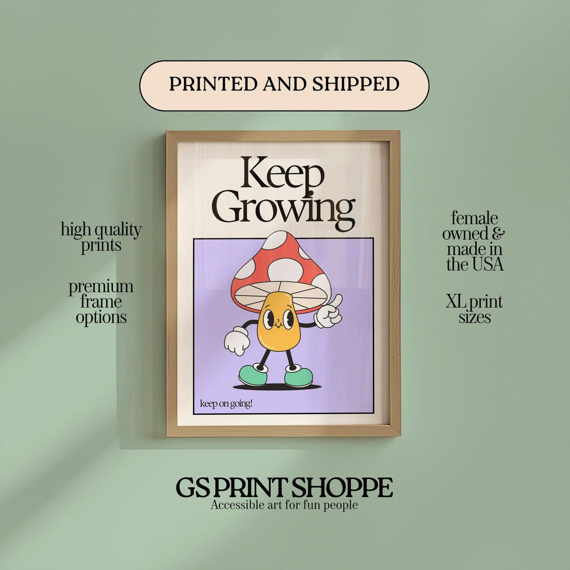 Keep Growing Cute Mushroom Motivational Quote Poster Retro Cartoon