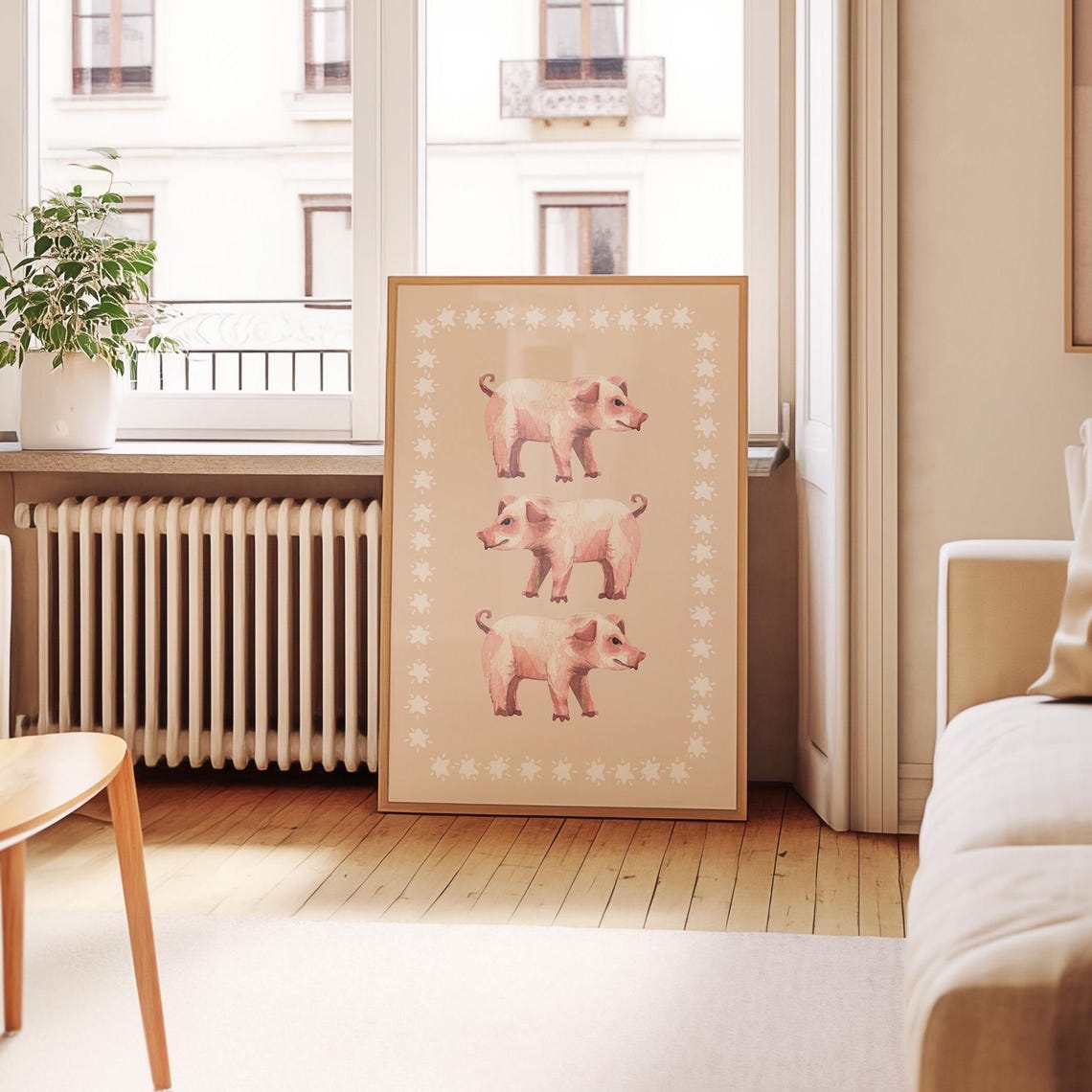 Three Pink Watercolor Piglets Star Border Animal Nursery Poster