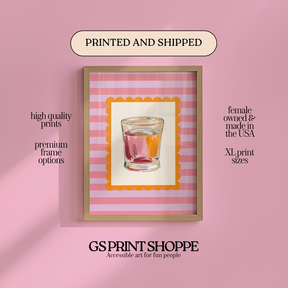 Watercolor Old Fashioned Whiskey Glass Pink Striped Bar Poster