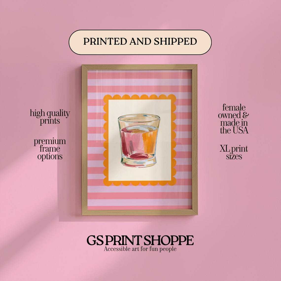 Watercolor Old Fashioned Whiskey Glass Pink Striped Bar Poster