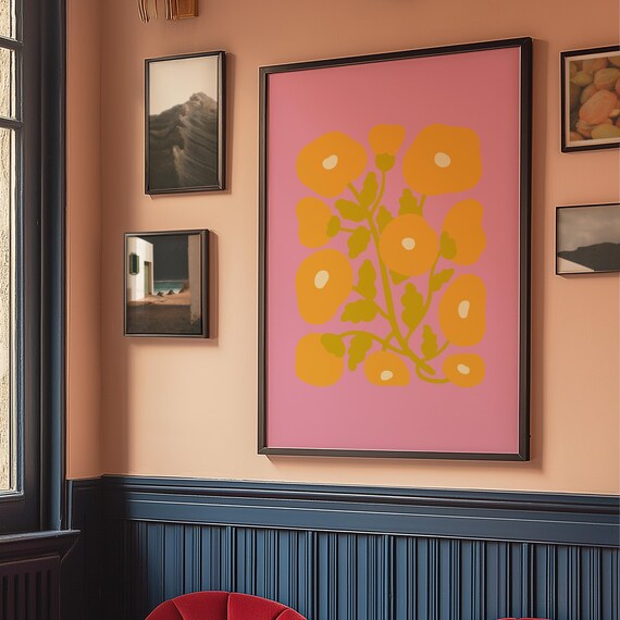 Abstract Pink Flowers Print Living Room Wall Art Colorful Botanical Modern Prints Bold Green Poster Bright Flower Decor