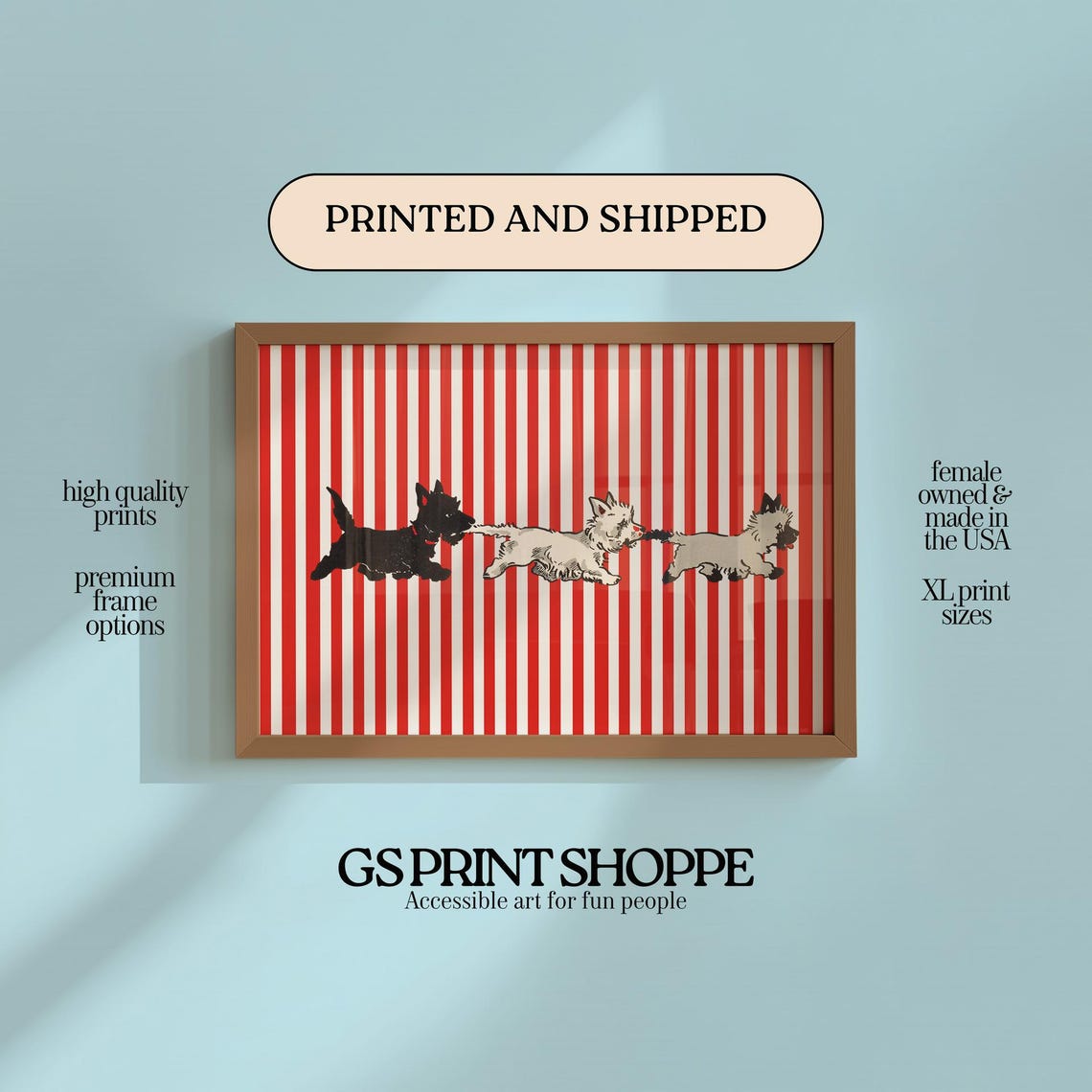 Three Scottie Dogs Train Red Stripes Whimsical Nursery Dog Poster