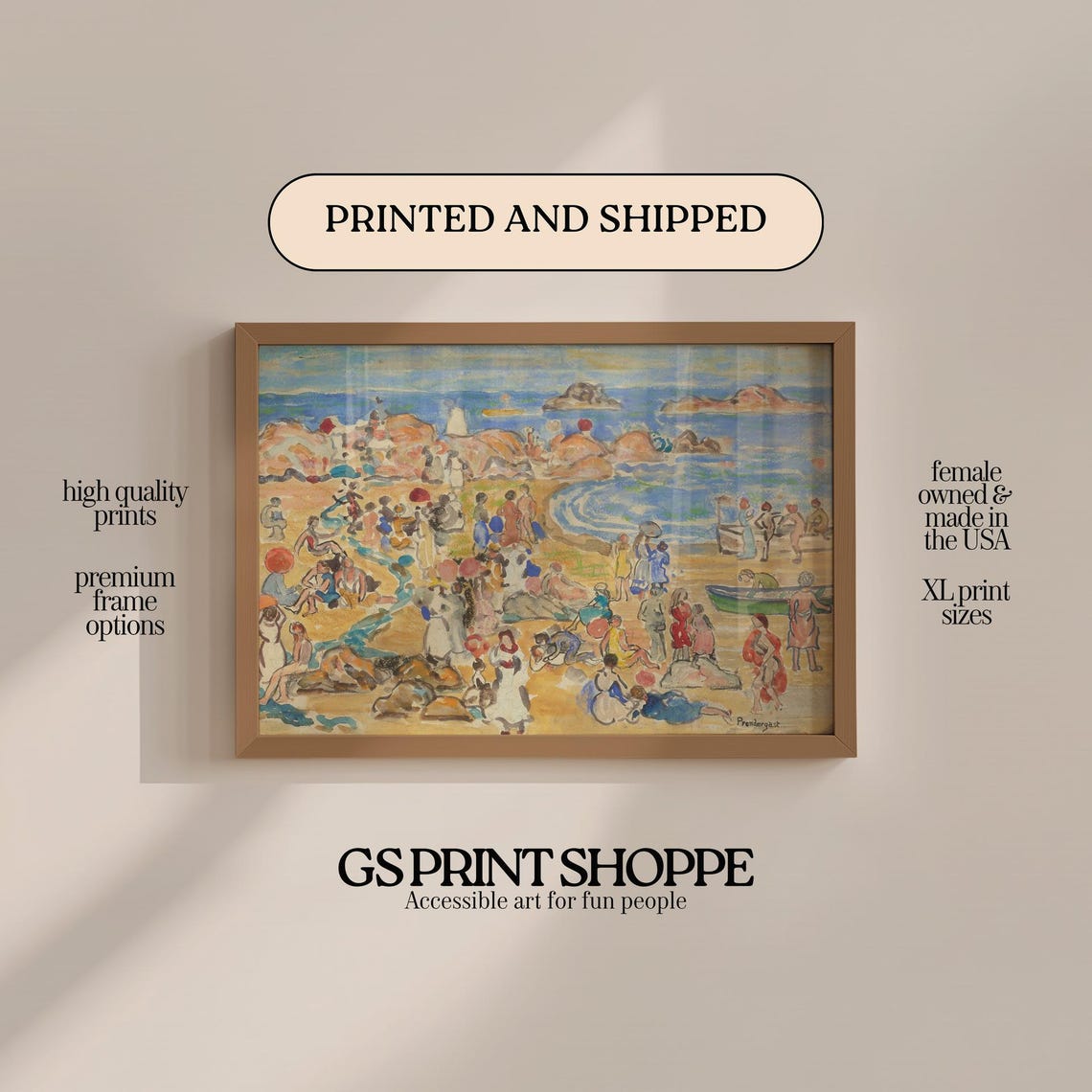 Impressionist Beach Crowd Rocky Coast Vintage Style Scene Poster