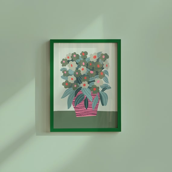 Sage Green Bouquet Pink Striped Vase Mid Century Floral Poster Artwork