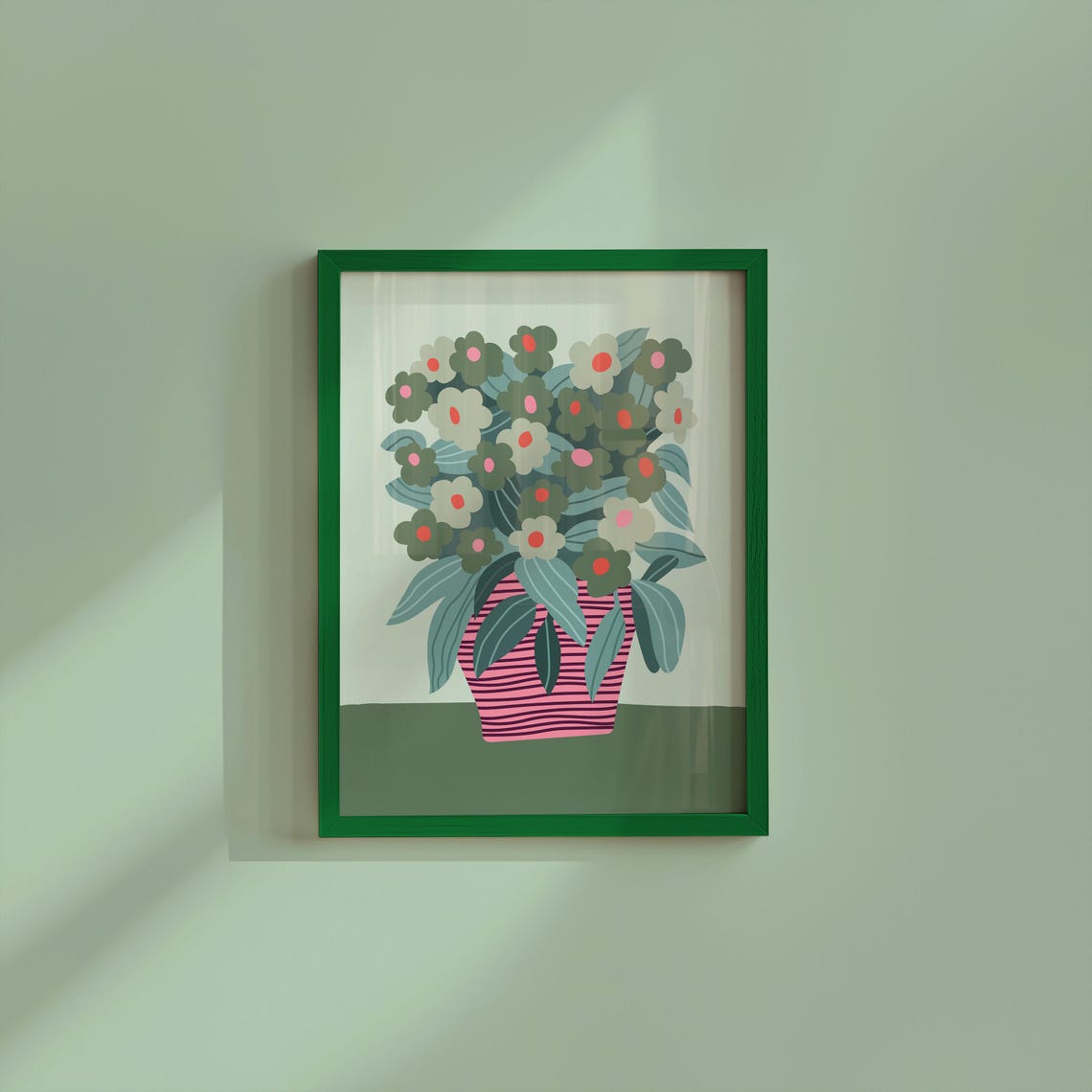 Sage Green Bouquet Pink Striped Vase Mid Century Floral Poster Artwork