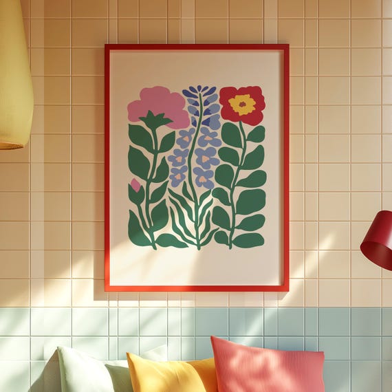 Abstract Flower Poster Retro Flowers Print Colourful Wall Art Matisse Green Pink Boho