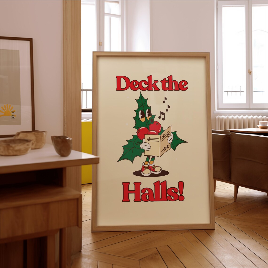 Deck The Halls Singing Holly Retro Cartoon Christmas Red Cream Poster - Image 2