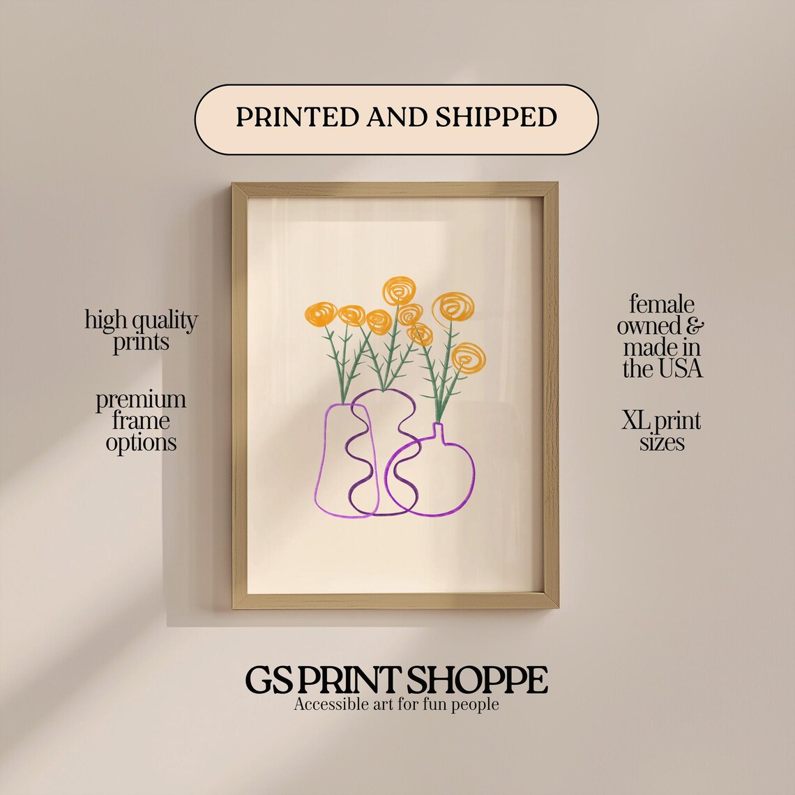 Yellow Flower Doodle In Line Art Vases Modern Botanical Poster