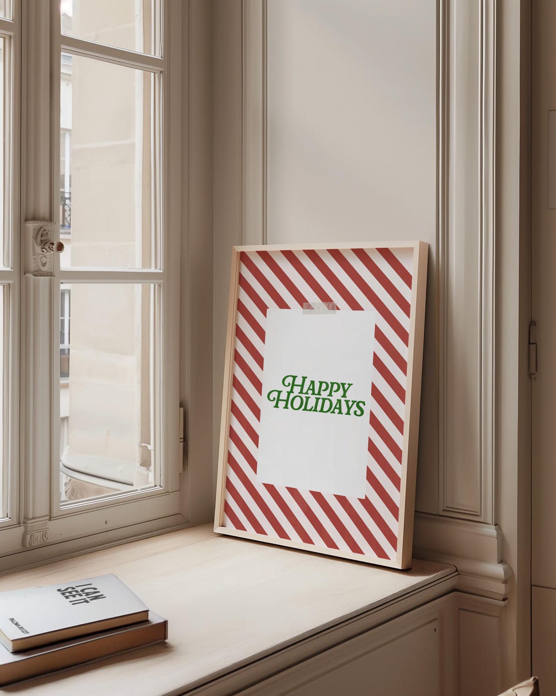 Happy Holidays Christmas Poster Candy Cane Stripe Red Green Decor - Image 2