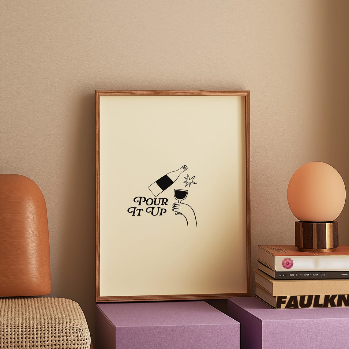 Pour It Up Champagne Line Art Minimalist Bar Cart Neutral Poster - Image 2