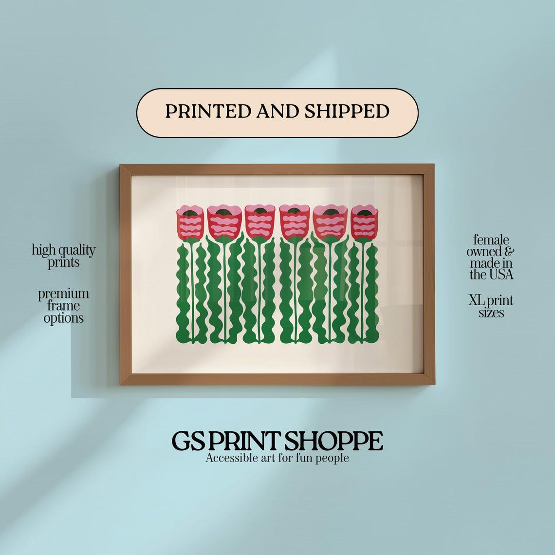 Poppies in a Row Bold Pink Blooms Minimalist Floral Art Poster