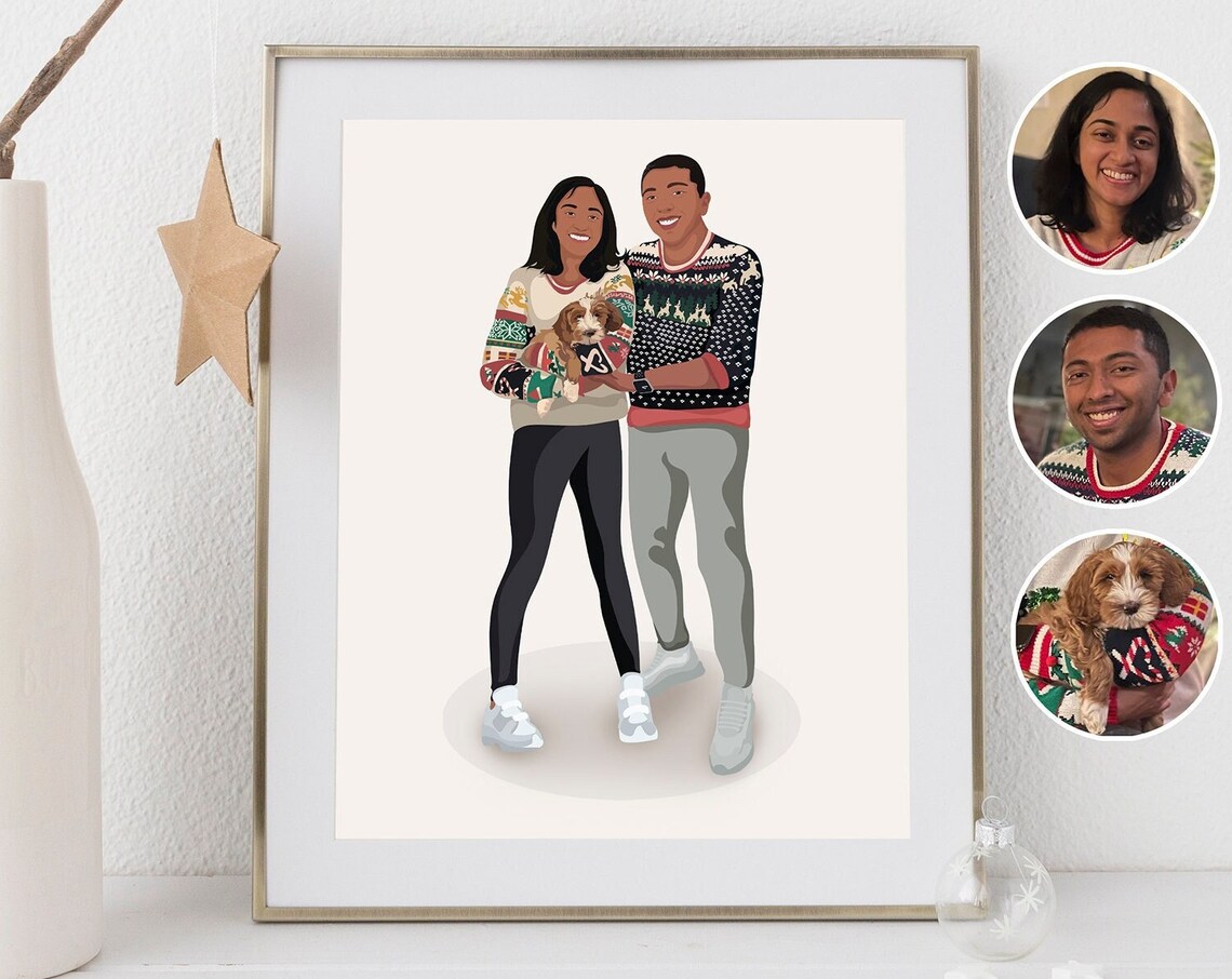 Couple in Christmas Sweaters Holding Puppy Portrait From Photo Poster