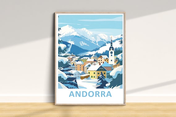Andorra Snowy Alpine Town Winter Travel Illustration Art Poster