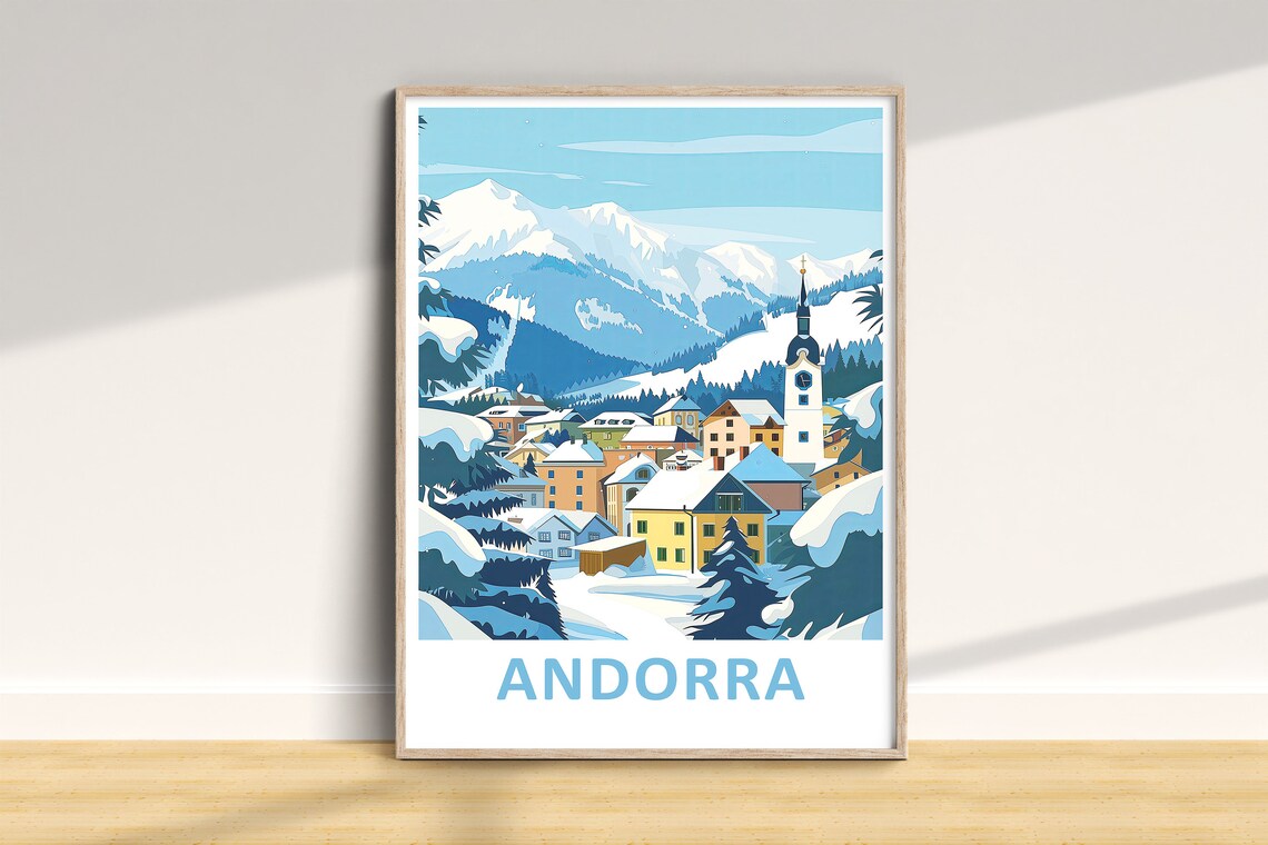 Andorra Snowy Alpine Town Winter Travel Illustration Art Poster
