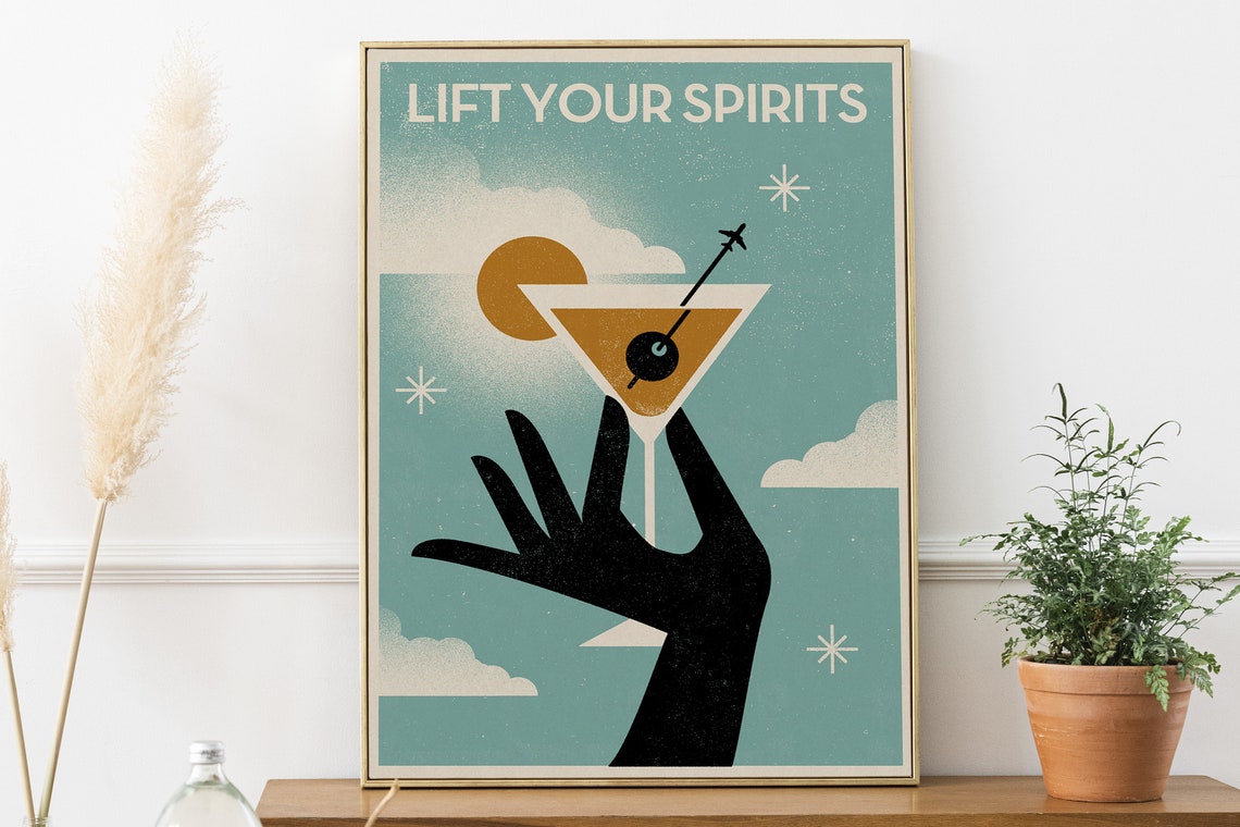 Lift Your Spirits Retro Martini Cocktail Hand Style Bar Poster