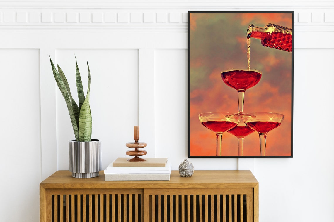 Red Coupe Glass Champagne Tower Sunset Cocktail Bar Cart Poster - Image 2
