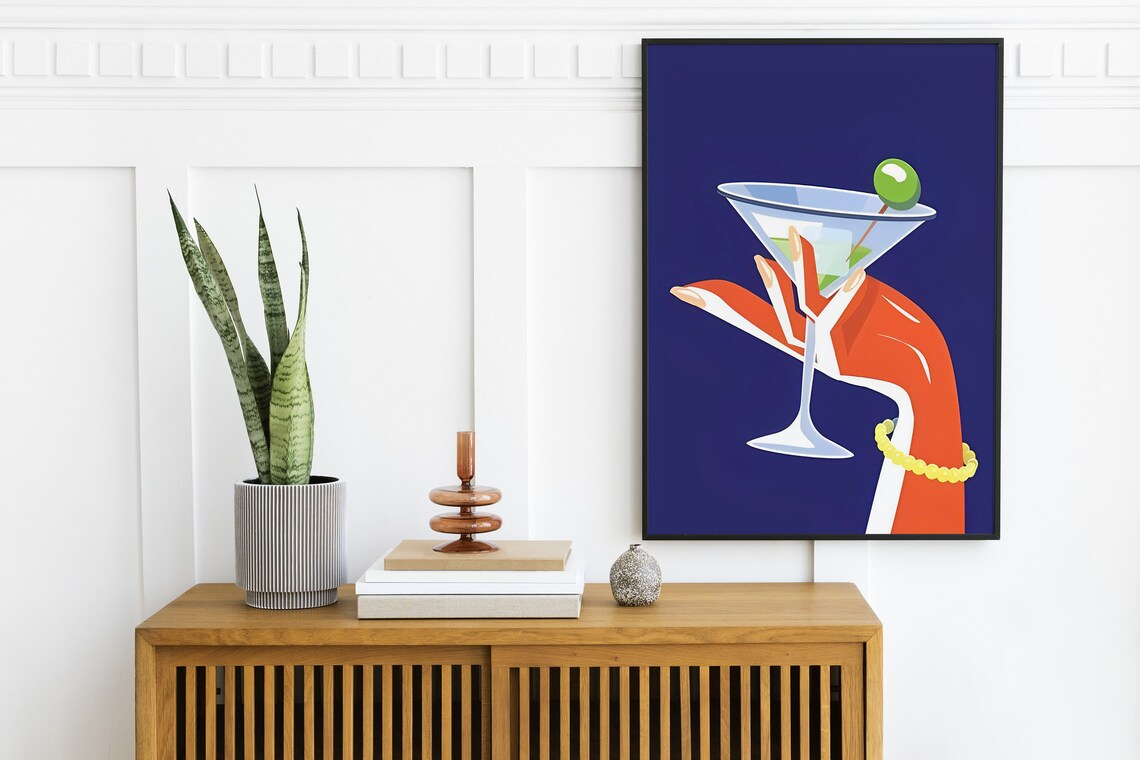 Martini Glass Green Olive Bold Pop Art Hand Navy Bar Cart Poster - Image 2