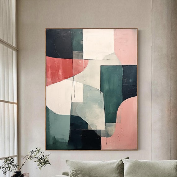 Original Emerald Green Painting Beige Abstract Painting Dark Green Wall Art Geometric Oil Painting Minimalist Wall Art Modern Pink Painting