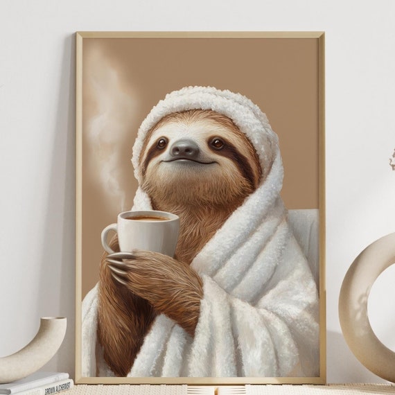 Funny Sloth Poster Wellness Wall Art Decoration For Bathroom Coffee Lovers Picture Cup