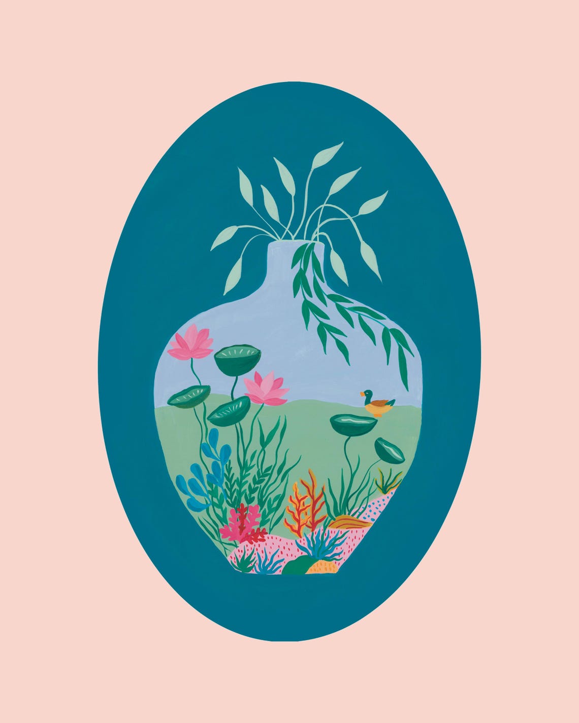 Duck Pond in a Vase Illustrated Art Print Pink Teal Nursery Wall Art - Image 3
