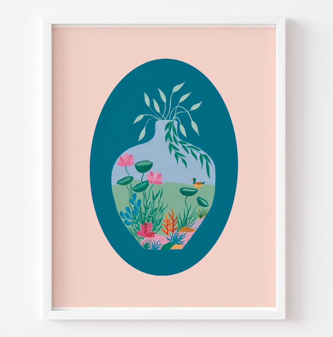Duck Pond in a Vase Illustrated Art Print Pink Teal Nursery Wall Art