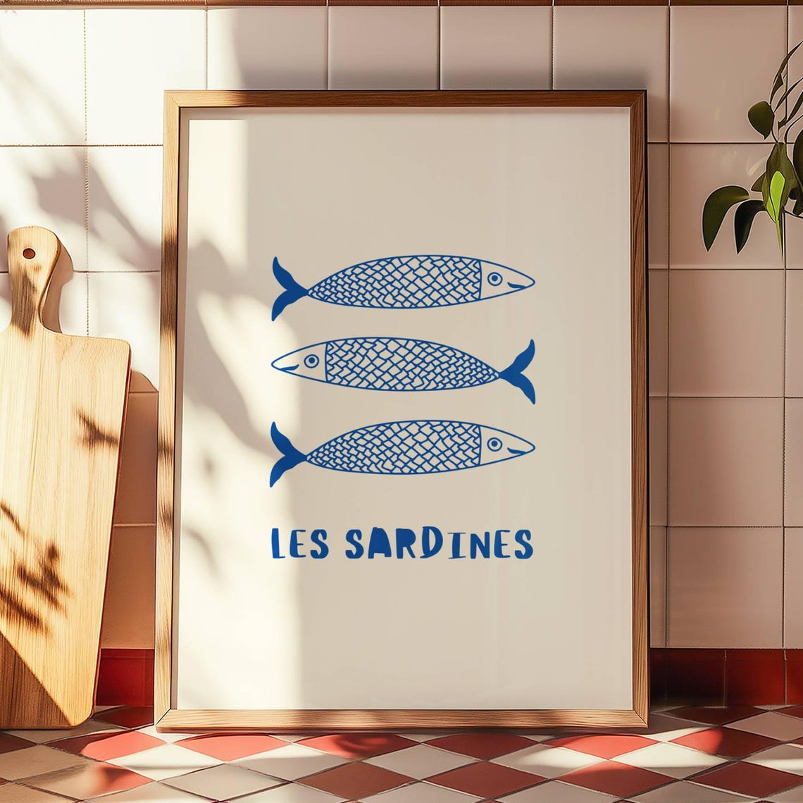 Les Sardines French Trio Blue Line Art Fish Kitchen Decor Poster
