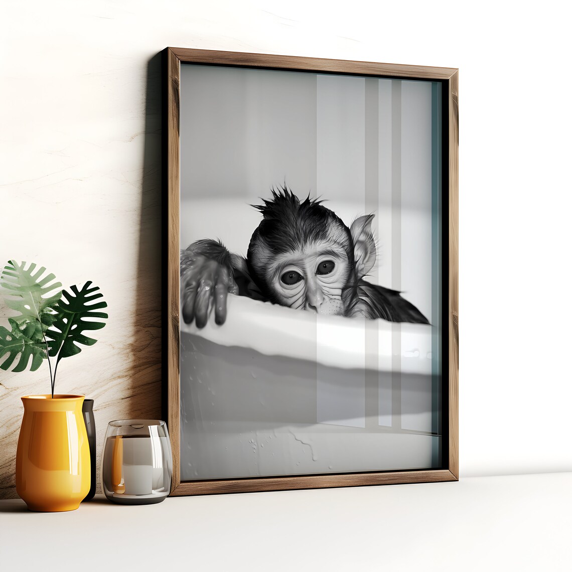 Baby Monkey Peeking Over Bathtub Black And White Funny Poster - Image 2
