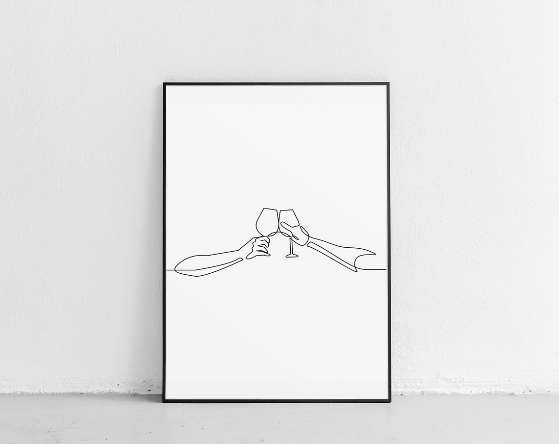 Cheers Wine Toast Continuous Line Drawing Minimalist Kitchen Poster