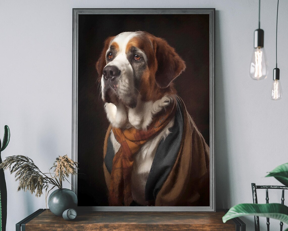 St Bernard Dog Portrait Wearing Coat Scarf Royal Style Funny Poster