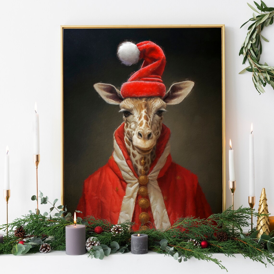 Christmas Giraffe Vintage Portrait Santa Hat Festive Animal Poster