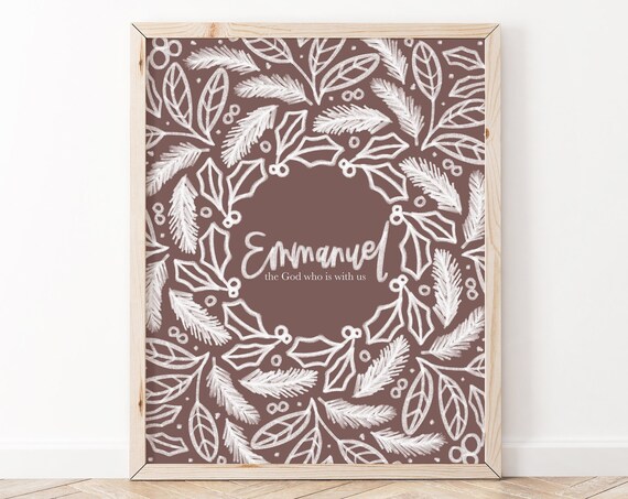 Emmanuel God With Us Brown Leaf Wreath Christian Holiday Print