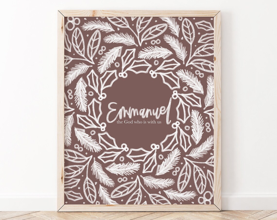 Emmanuel God With Us Brown Leaf Wreath Christian Holiday Print