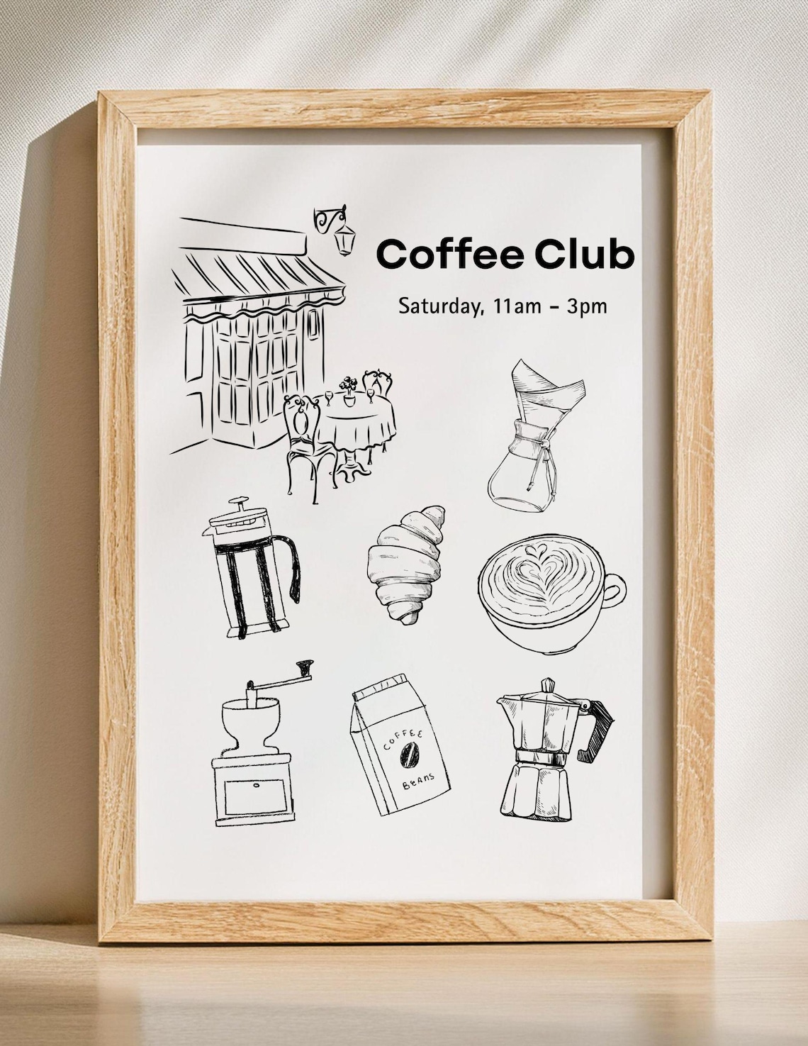 Coffee Club Handdrawn Cafe Illustrations Kitchen Decor Poster