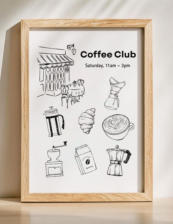 Coffee Club Art Print Handdrawn Cafe Poster