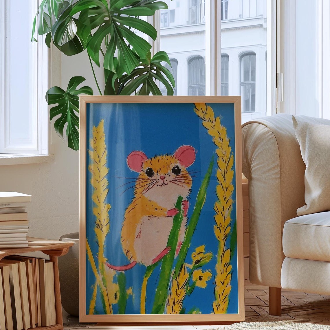 Tiny Yellow Harvest Mouse Climbing Tall Golden Wheat Stalks Poster