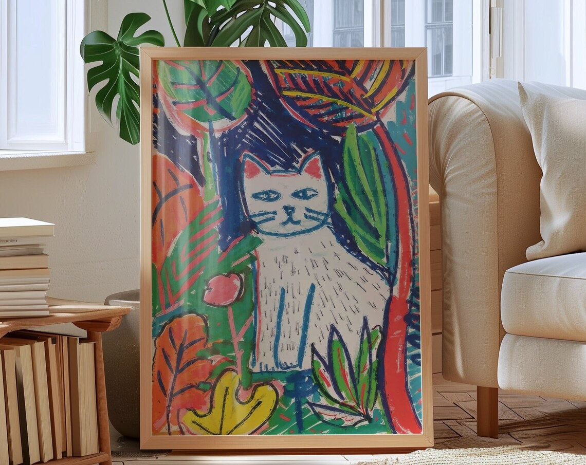 White Cat Sitting In Colorful Autumn Garden Botanical Poster
