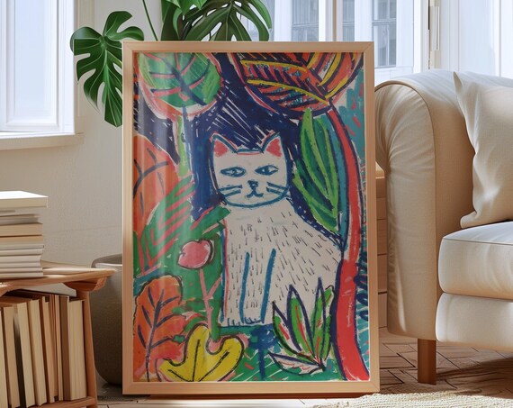 White Cat Sitting In Colorful Autumn Garden Botanical Poster