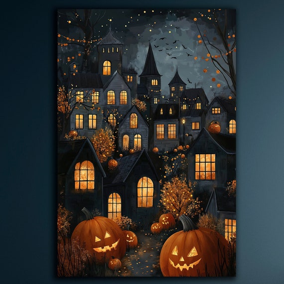 Dark Haunted Town Canvas Wall Art Spooky Halloween Decor Jack O Lantern Painting Print Autumn Scary Landscape Poster Gift Ready To Hang