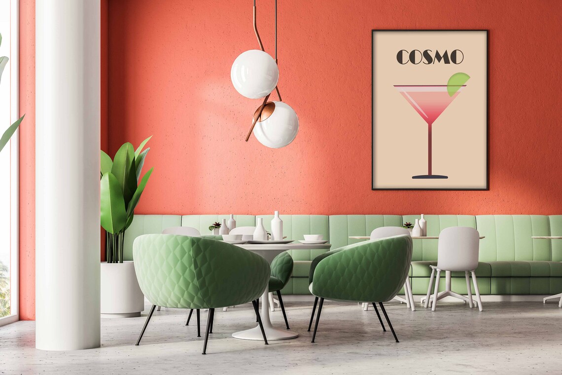 Cosmo Cocktail Art Deco Pink Lime Wedge Retro Beige Bar Cart Art Poster - Image 2