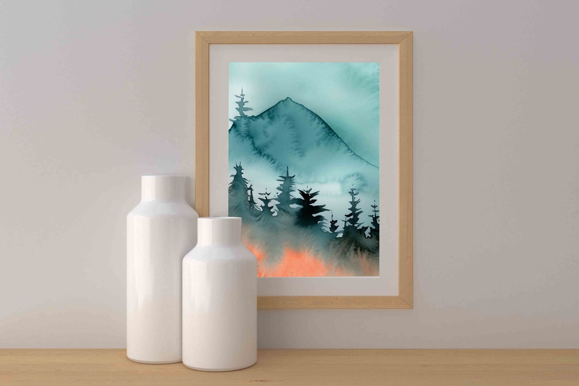 Fire On The Mountain Watercolor Teal Pine Forest Misty Peak Poster