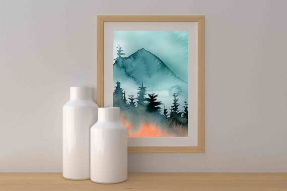 Fire On The Mountain Water Colour Style Wall Art Bleeding Colours Warm And Cool Living Room Or Bedroom Wall Art