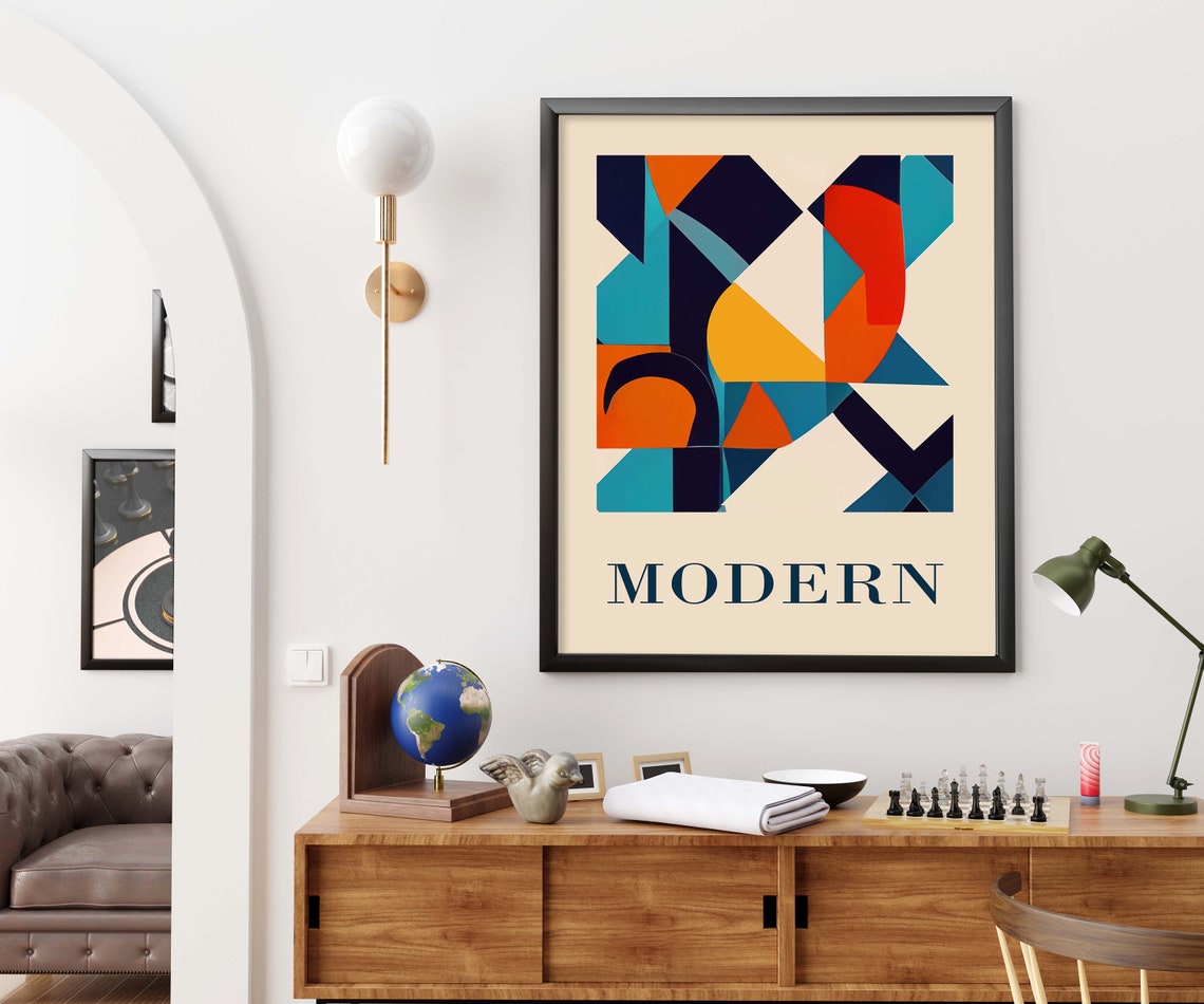Modern Geometric Abstract Navy Orange Mid Century Bold Art Poster