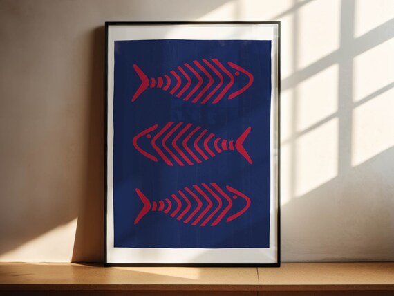 Three Fish Pink On Blue Sketched Fish Art With Watercolour Background