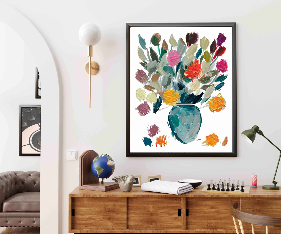 Flowers 2 Oil Painting Style Brush Stroke Print Large Bunch Of Colourful Flowers In A Vase Abstract Living Room Art - Image 2