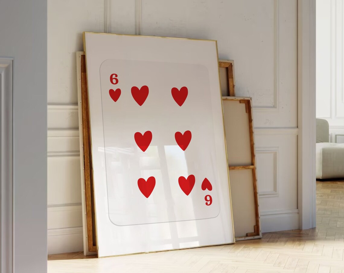 Six of Hearts Playing Card Minimalist Modern Red Hearts Wall Art