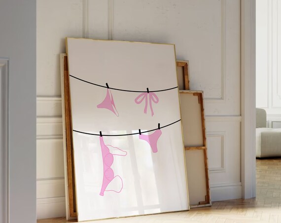 Pink Bikinis and Bows on Clothesline Cute Illustration Wall Art