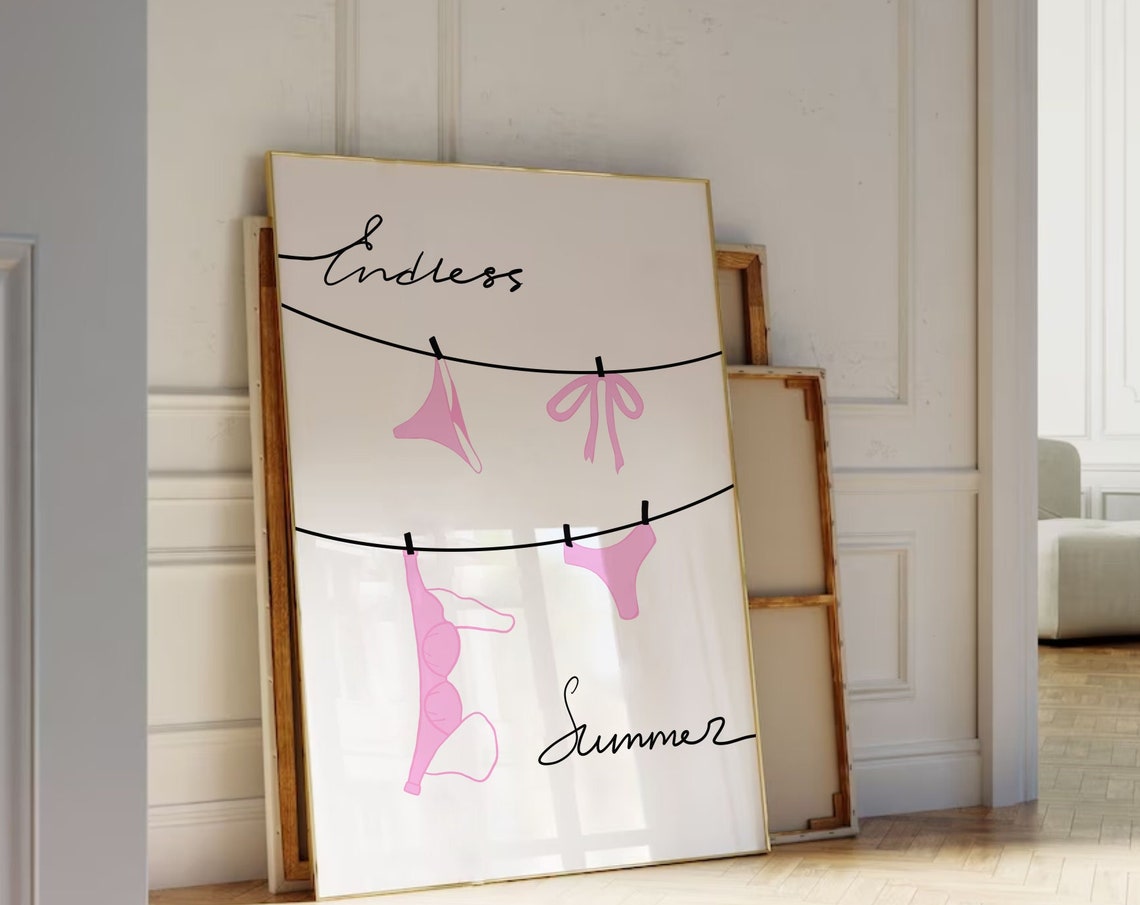 Endless Summer Pink Bikinis On Clothesline Script Style Poster