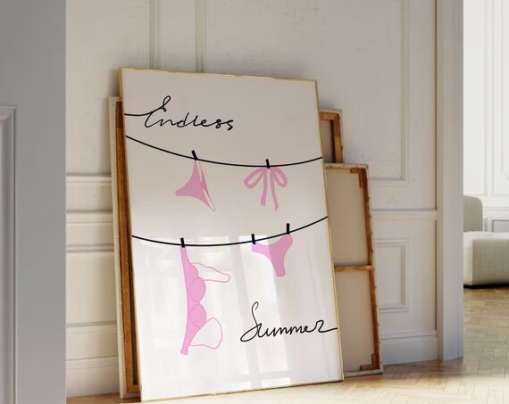 Endless Summer Pink Bikinis On Clothesline Script Style Poster