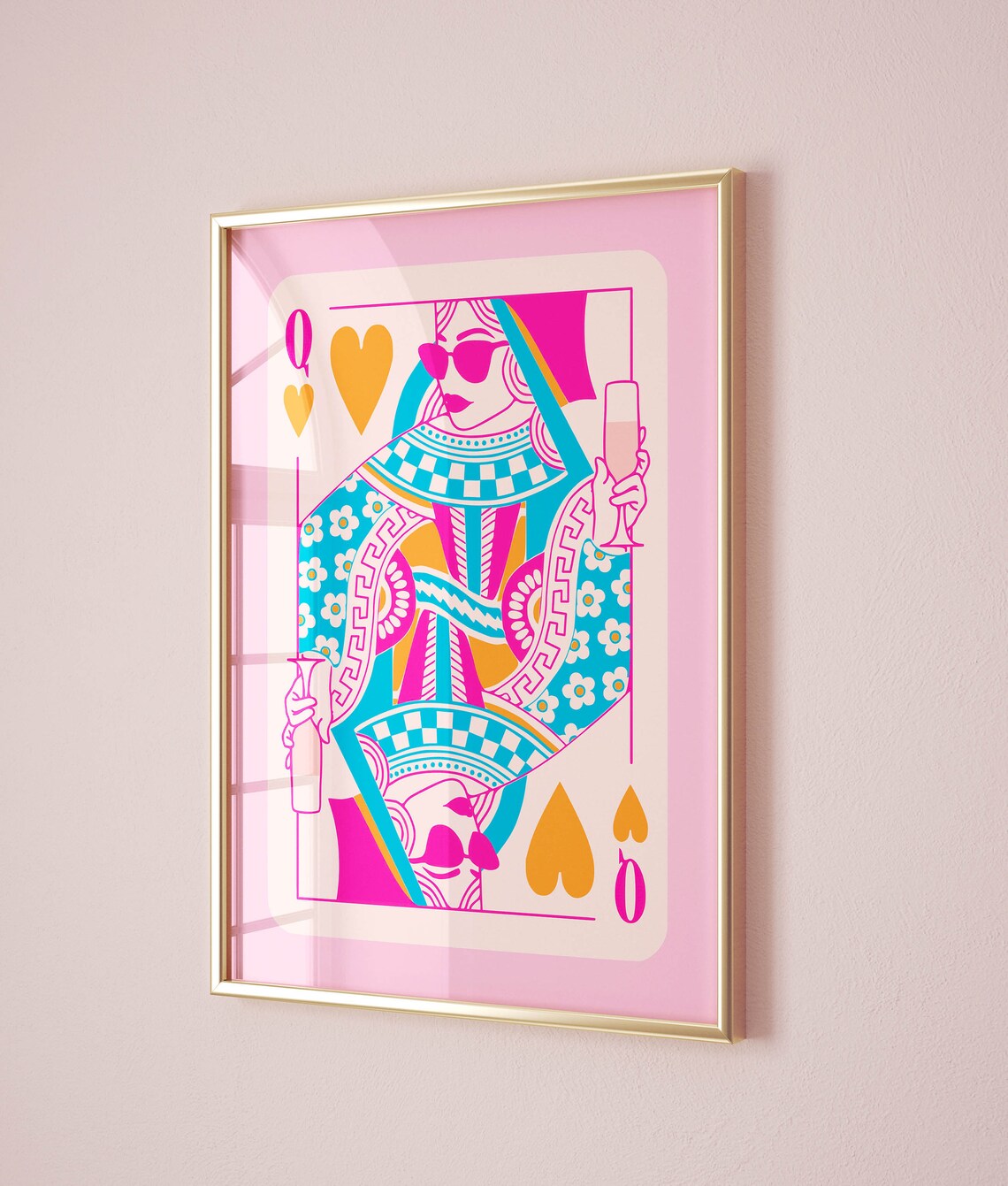 Pink Queen of Hearts Playing Card Champagne Glass Pop Art Poster - Image 2